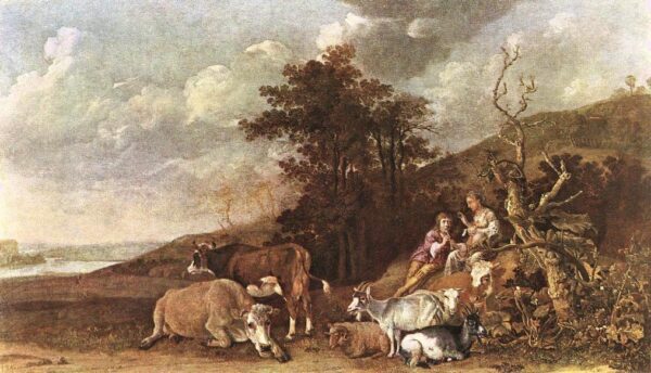 Landscape with Shepherdess and Shepherd Playing Flute by Paulus Potter, hand-painted oil painting reproduction