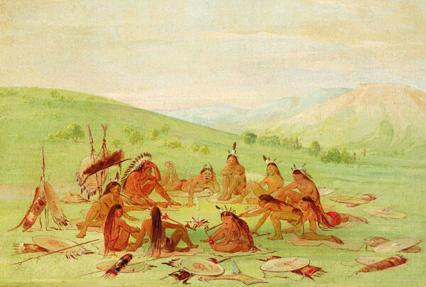 Foot War Party in Council, Mandan by George Catlin, hand-painted oil painting reproduction