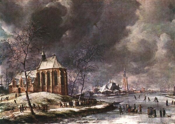 Village of Nieukoop in Winter with Child Funeral by Jan Abrahams Beerstraten, hand-painted oil painting reproduction