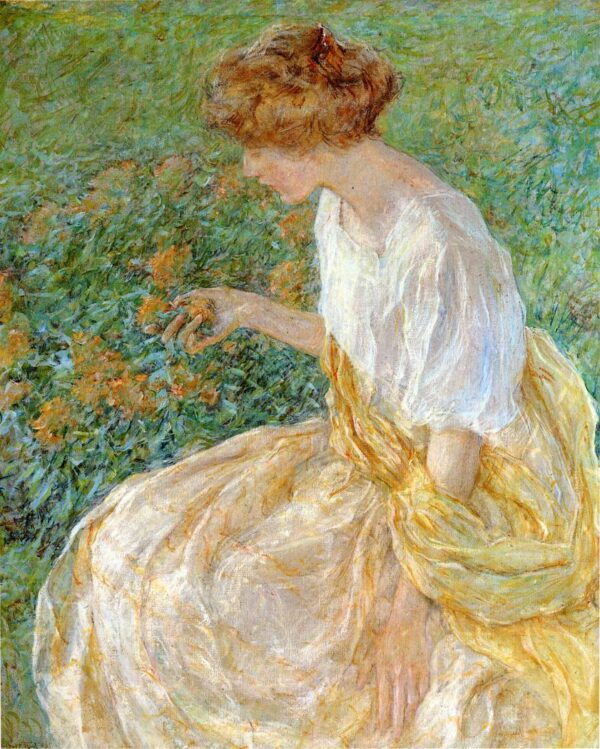 The Yellow Flower aka The Artist’s Wife in the Garden by Robert Reid, hand-painted oil painting reproduction