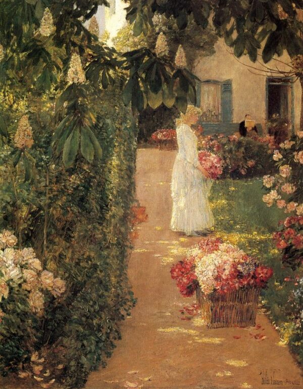 Gathering Flowers in a French Garden by Frederick Childe Hassam, hand-painted oil painting reproduction