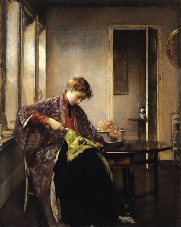 Girl Mending by Edmund Tarbell, hand-painted oil painting reproduction