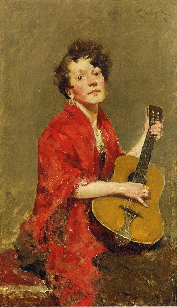 Girl With Guitar by William Merritt Chase, hand-painted oil reproduction