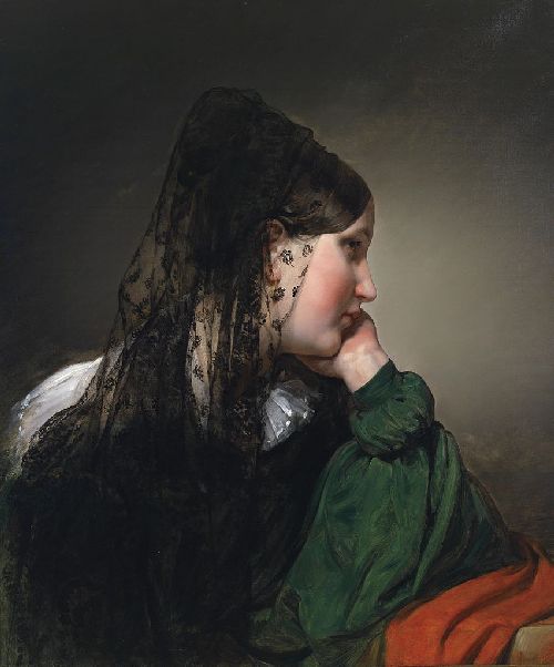 Girl in profile with a black mantilla by Friedrich von Amerling, hand-painted oil reproduction