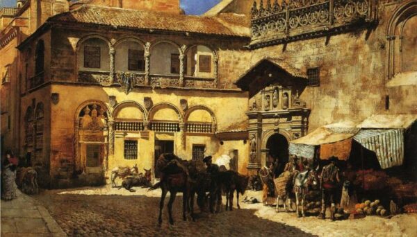 Market Square in Front of the Sacristy and Doorway of the Cathedral, Granada by Edwin Lord Weeks, hand-painted oil painting reproduction