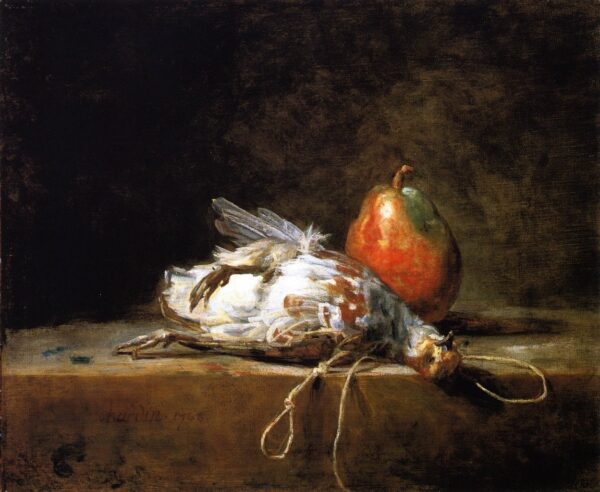 Grey Partridge Pear and Snare on a Stone Table by Jean-Baptiste-Siméon Chardin, hand-painted oil painting reproduction