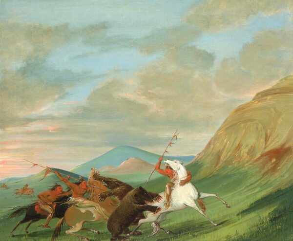 Grizzly Bears Attacking Indians on Horseback by George Catlin, hand-painted oil painting reproduction