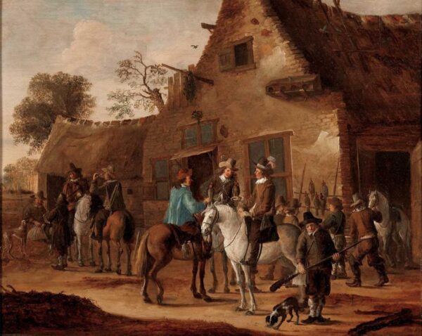 Group of Hunters with Hawks near an Inn by Cornelis Beelt, hand-painted oil painting reproduction