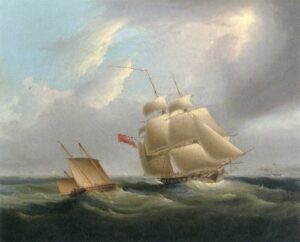 HMS Sloop Active In Coastal Waters by James E Buttersworth, hand-painted oil painting reproduction