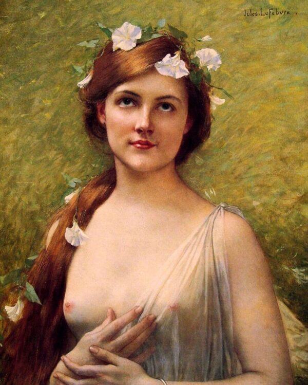 Young Woman with Morning Glories in Her Hair by Jules Joseph Lefebvre, hand-painted oil reproduction