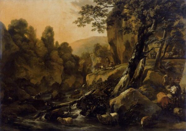 Herdsmen and Herds at a Waterfall by Nicolaes Berchem, hand-painted oil painting reproduction
