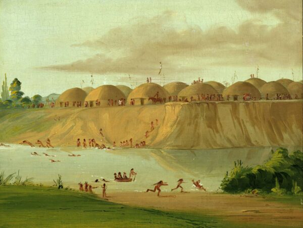Hidatsa Village, Earth Covered Lodges, on the Knife River by George Catlin, hand-painted oil painting reproduction