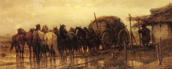 Hitching Horses To The Wagon by Adolf Schreyer, hand-painted oil painting reproduction
