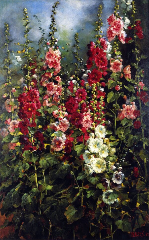 Hollyhocks by Mathias J Alten, hand-painted oil painting reproduction