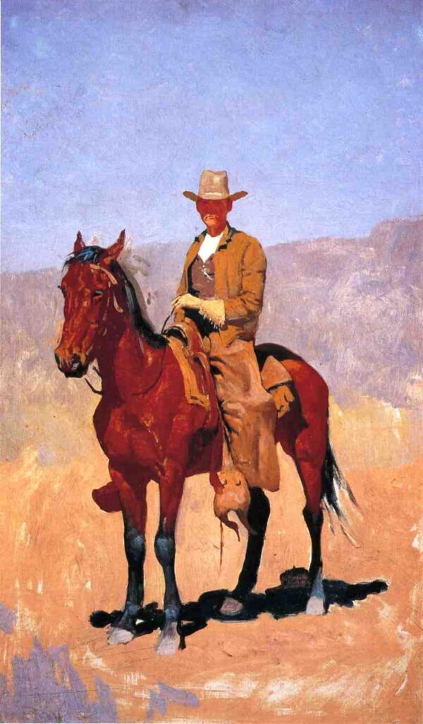 Mounted Cowboy in Chaps with Race Horse by Frederic Remington, hand-painted oil painting reproduction