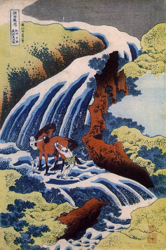 The Waterfall Where Yoshitsune Washed His Horse by Katsushika Hokusai, hand-painted oil reproduction