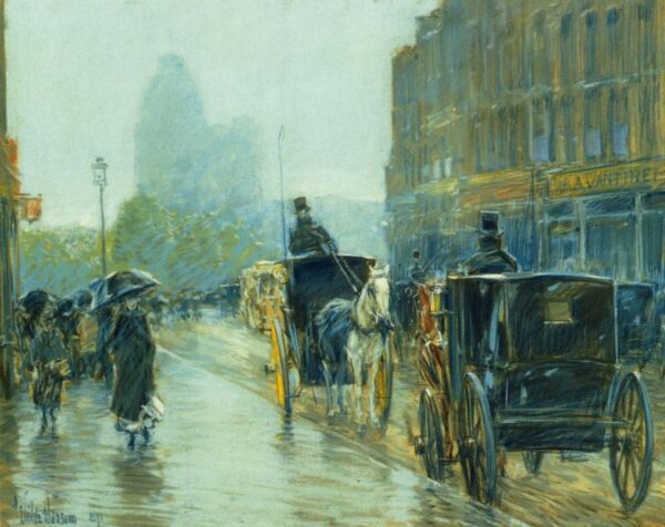 Horse Drawn Cabs at Evening, New York by Frederick Childe Hassam, hand-painted oil painting reproduction