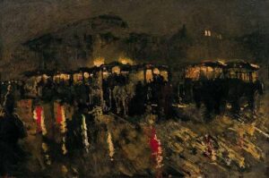 Horse Trams on Dam Square in Amsterdam at Night by George Hendrik Breitner, hand-painted oil painting reproduction