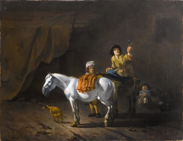 A Horseman Holding a Roemer of Wine with an Ostler Tending the H by Karel Dujardin, hand-painted oil painting reproduction