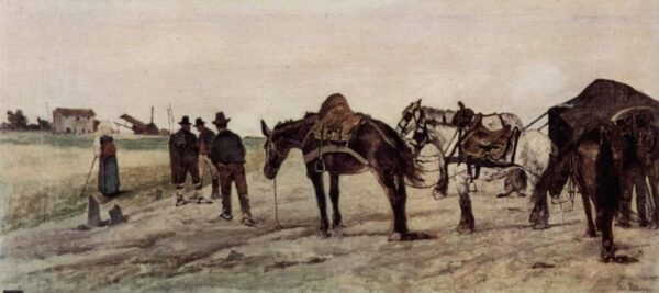 Horses and Farmers in Roman Landscape by Giovanni Fattori, hand-painted oil painting reproduction