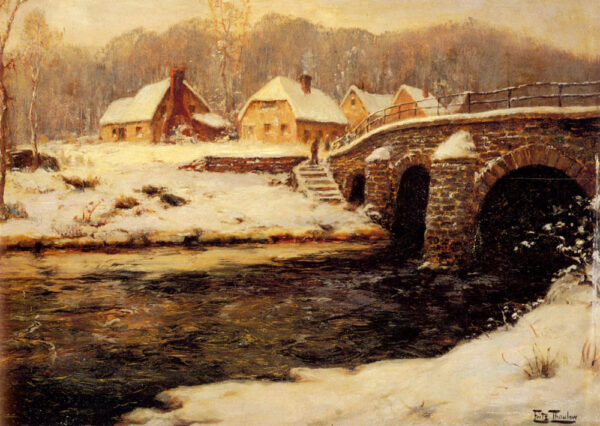A Stone Bridge Over A Stream In Winter by Fritz Thaulow, hand-painted oil painting reproduction