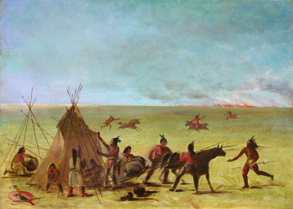 Indian Family Alarmed at the Approach of a Prairie Fire by George Catlin, hand-painted oil painting reproduction