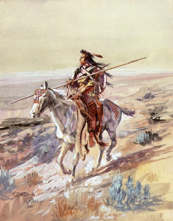 Indian with Spear by Charles Marion Russell, hand-painted oil painting reproduction