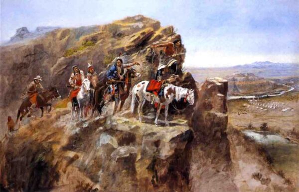 Indians on a Bluff Surveying General Miles’ Troops by Charles Marion Russell, hand-painted oil painting reproduction