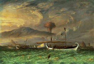 Volcano and fishing proas near Passoeroean on the Java coast Indonesia by Thomas Baines, hand-painted oil painting reproduction