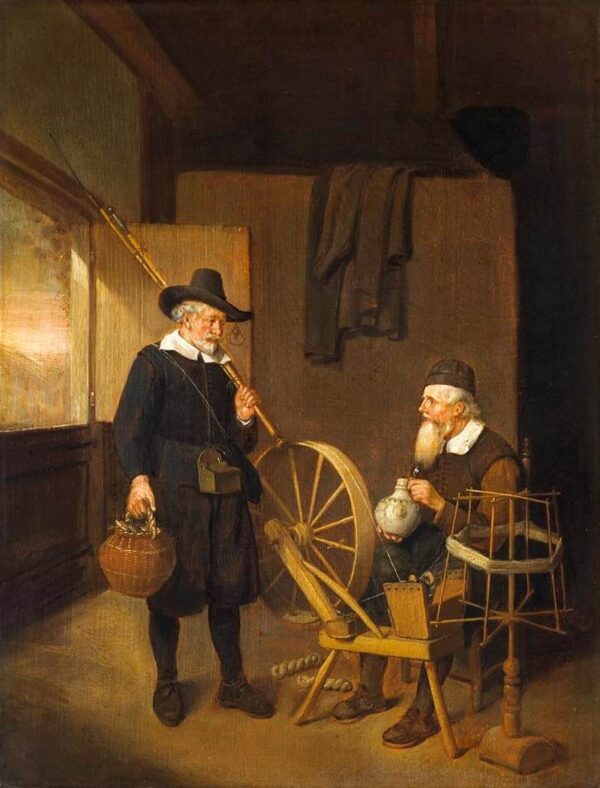 Interior with Two Men by the Fireside by Quiringh van Brekelenkam, hand-painted oil painting reproduction