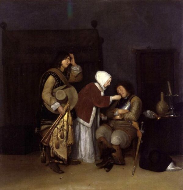 Interior with a Sleeping Soldier by Caspar Netscher, hand-painted oil painting reproduction