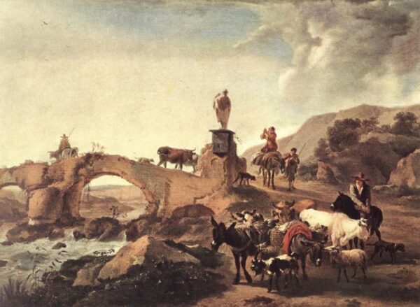 Italian Landscape with Bridge by Nicolaes Berchem, hand-painted oil reproduction