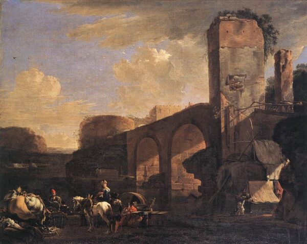 Italianate Landscape with a River and an Arched Bridge by Jan Asselyn, hand-painted oil painting reproduction