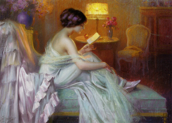La Lecture Au Clair de la Lampe by Delphin Enjolras, hand-painted oil painting reproduction