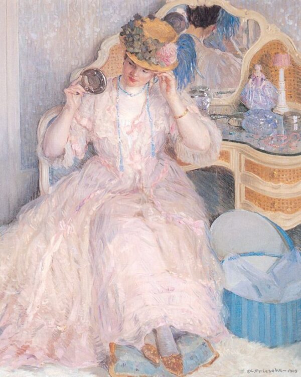 Lady Trying On A Hat by Frederick Carl Frieseke, hand-painted oil painting reproduction