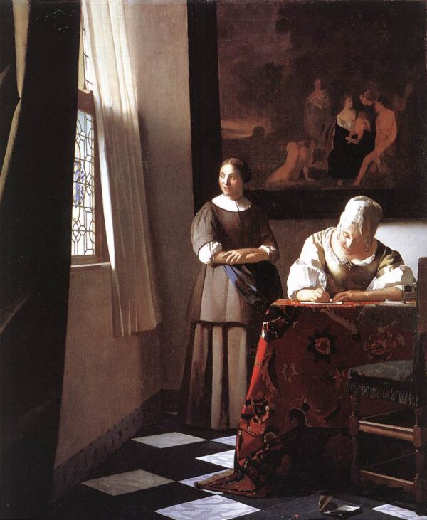 Lady Writing a Letter with Her Maid by Johannes Vermeer, hand-painted oil painting reproduction