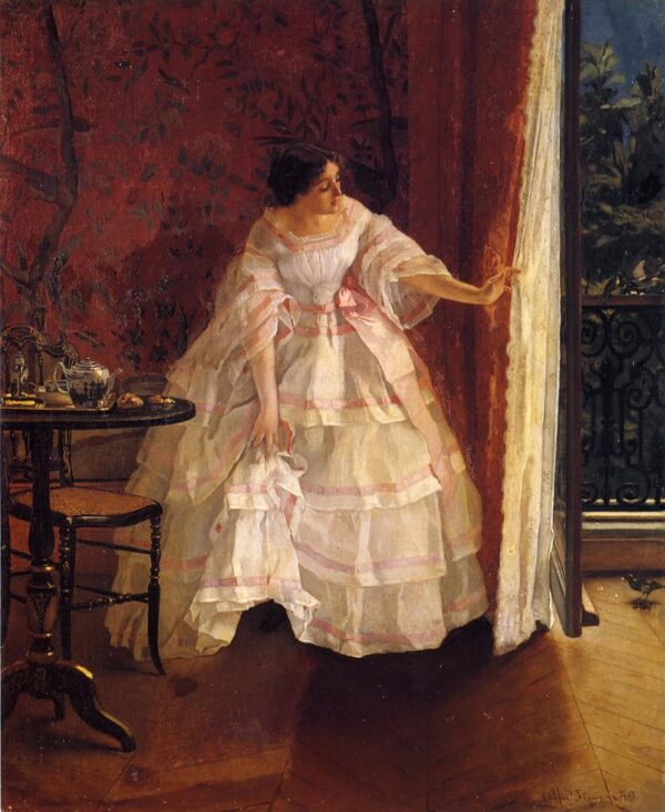Lady at the Window Feeding Birds by Alfred Stevens, hand-painted oil painting reproduction