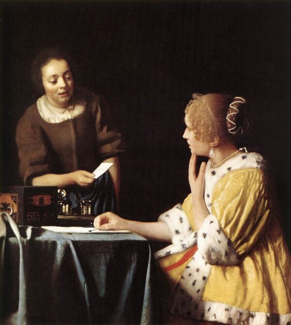 Lady with Her Maidservant Holding a Letter by Johannes Vermeer, hand-painted oil painting reproduction