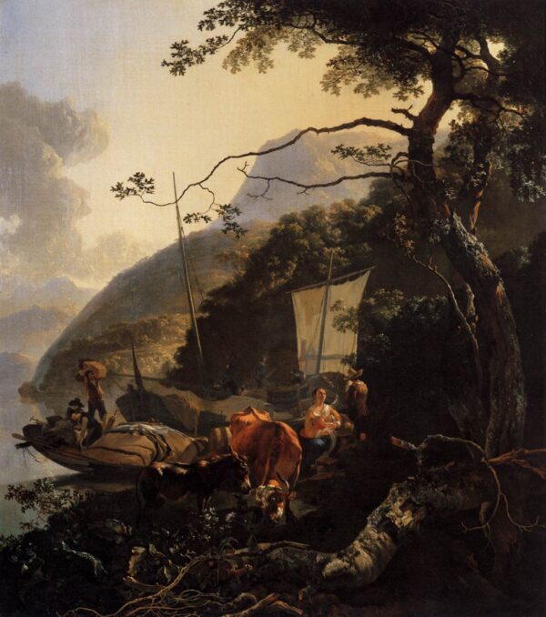 Boatmen Moored on the Shore of an Italian Lake by Adam Pynacker, hand-painted oil painting reproduction