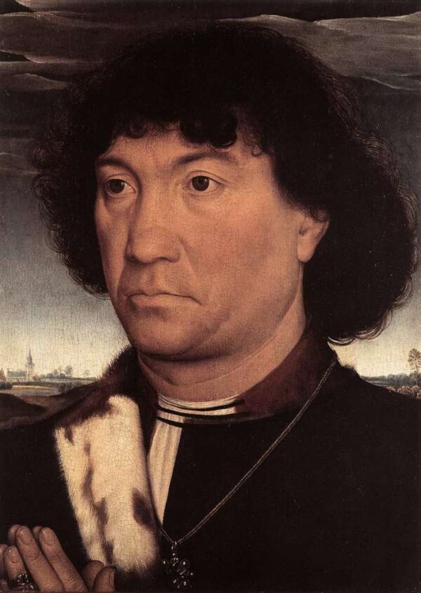 Portrait of a Man at Prayer before a Landscape by Hans Memling, hand-painted oil painting reproduction