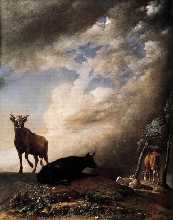 Cattle and Sheep in a Stormy Landscape by Paulus Potter, hand-painted oil painting reproduction