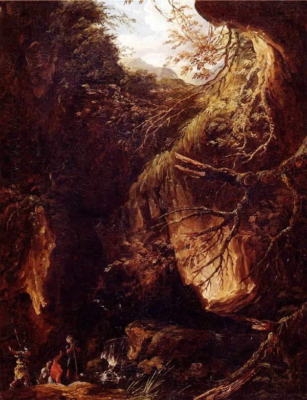 Figures By A Waterfall In A Wooded Landscape by Hubert Robert, hand-painted oil painting reproduction