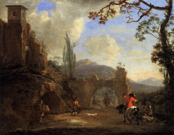 Landscape with Ruins and Hunting Party by Jan Asselyn, hand-painted oil painting reproduction