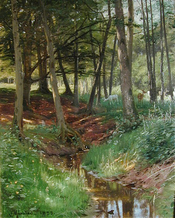 Landscape with Deer by Peder Mørk Mønsted, hand-painted oil painting reproduction