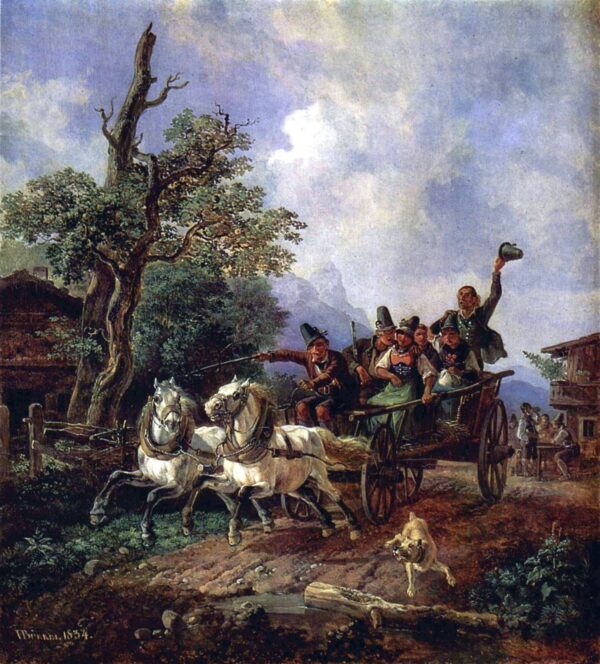 Landscape with Farm Wagon by Heinrich Bürkel, hand-painted oil painting reproduction