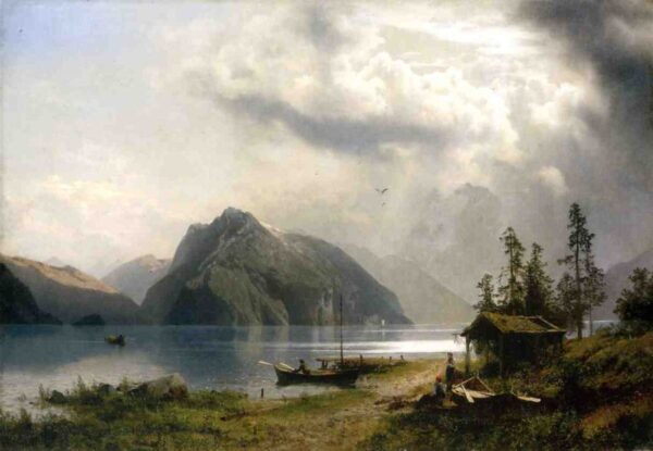 Landscape with Lake and Mountains by Hermann Ottomar Herzog, hand-painted oil reproduction