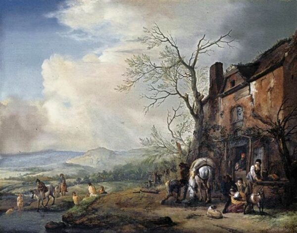 Landscape with Peasants by a Cottage by Philips Wouwerman, hand-painted oil painting reproduction