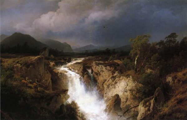 Landscape with Waterfall by Hermann Ottomar Herzog, hand-painted oil painting reproduction