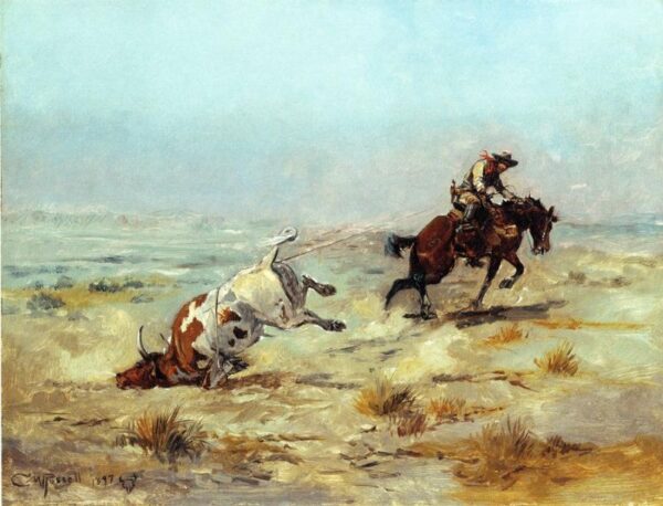 Lassoing a Steer by Charles Marion Russell, hand-painted oil reproduction