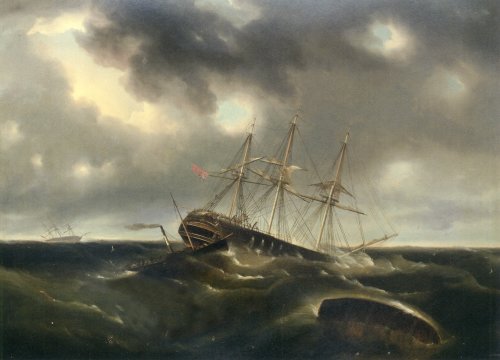 The Merchant Ship Lockwoods Caught In A Gale Off Liverpool by James E Buttersworth, hand-painted oil reproduction